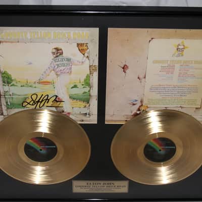 Elton John Signed “Goodbye Yellow Brick Road” Album Cover And Gold Plated Disc Montage 1973 image 1