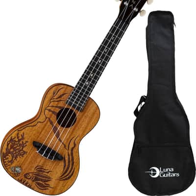 Luna Coral Uke Solid Mahogany Concert Ukulele w/ Etched Fish, Gig Bag, and Tuner image 5