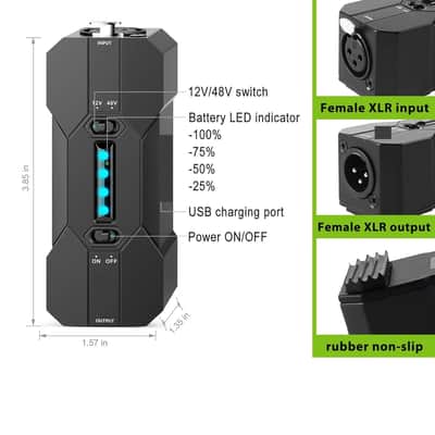 Power Supply 48V/12V Switch,Up to 40 Hours of Use,Rechargeable Portable Phantom Power for Condenser/Shotgun Microphones, Mic Preamp, Recording Studios image 2