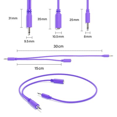ExcelValley [Purple | 10 cm - 3.94"] 5-Pack - Hopscotch Mono Splitter Y Patch Cables TS 3.5mm 1/8" Eurorack Synth image 2