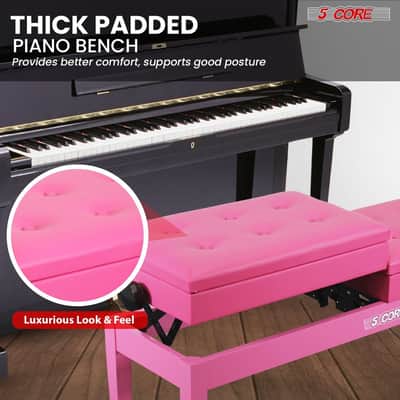 5 Core Duet Piano Bench 3.5 Inch Padded Cushioned Stool Wooden Heavy Duty Musician Chair Height Adjustable Double Keyboard Seat w Storage Nonslip Pink - PNB DT PNK-Pink image 6