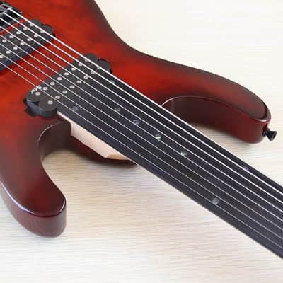 Custom 8 String Fretless Electric Guitar, Burl Wood Top Body, Maple Neck image 6