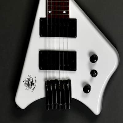 BootLegger Guitar Spade White Headless With Stiletto  Case and Flask image 7