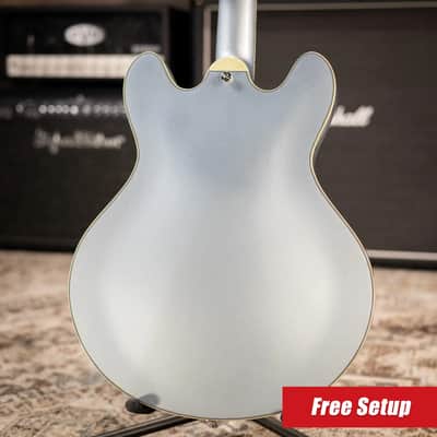 Eastman T64 Trapeze Hollow Body Electric Guitar - Iced Blue Metallic with Gig Bag image 2