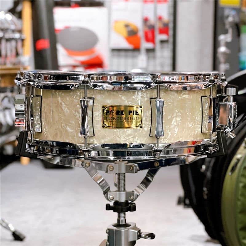 PORK PIE USED 8-ply Maple Snare Drum 14x5 - Vintage White Marine Pearl Wrap image 1