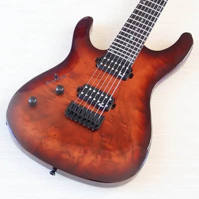 Custom Left Handed 7 String Electric Guitar, Burl Wood Top Body, Maple Neck image 2