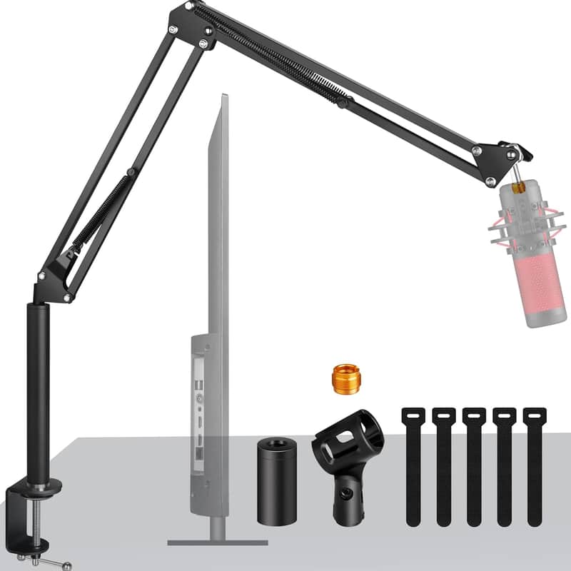 Overhead Mic Boom Arm Stand,Desk Microphone Boom Arm Stand With High Riser, Adjustable Scissor Arm Stand With Metal Clamp,3/8" To 5/8" Adapter For Blue Yeti Snowball, Hyperx Quadcast, Yeti image 1