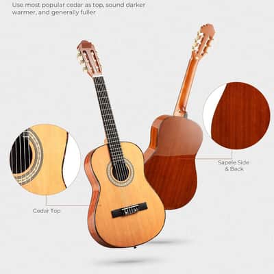 Classical Guitar Full Size 4/4 Spanish Style Classical Guitarra, 39 Inch Nylon Strings Guitar Ideal for Beginner Adults, Solid Cedar Top image 2