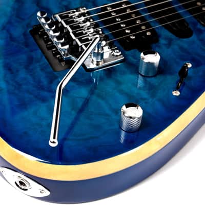 Bootlegger Guitar Royal HHH, Floyd Rose Double Locking Tremolo  Blue Clear Quilted Maple finish, Stiletto Hard Case image 3