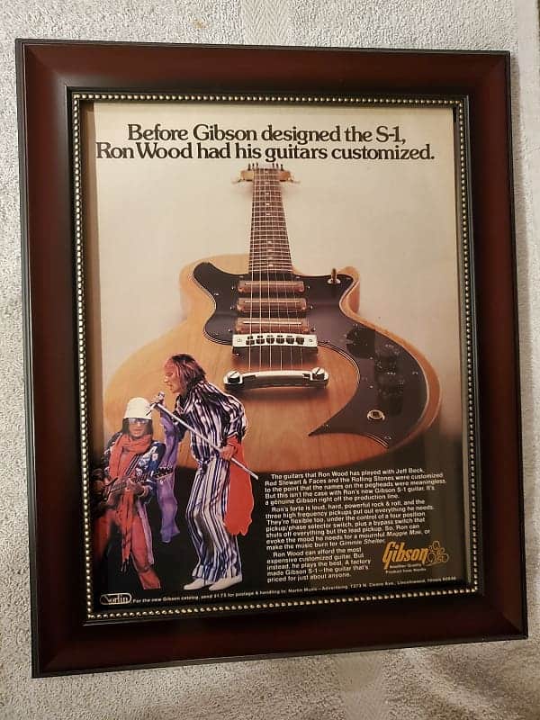 1975 Gibson  Guitars Promotional Ad Framed Ron Wood Gibson S-1 Electric Original image 1