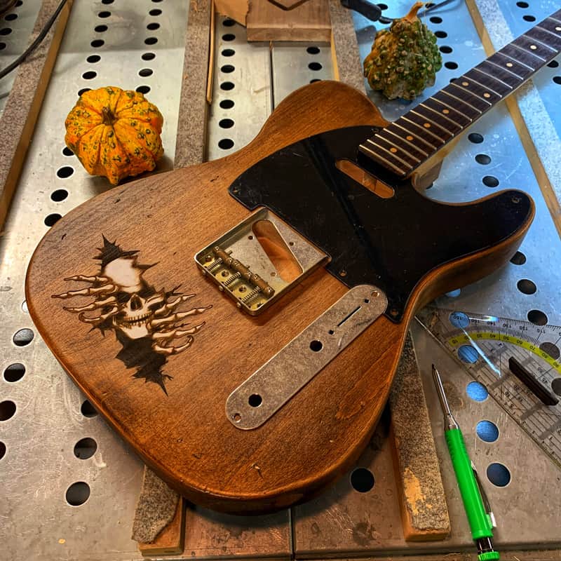 FRANCHIN Mars guitar body Aged Laser-cut Skulls drawings Natural Alder Halloween T-Style Made in Italy - Stock piece #19571024 image 1
