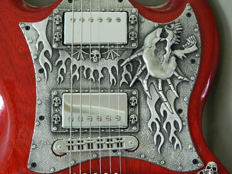 solid metal skull pickguard for Gibson SG guitar custom hand made in USA special image 1