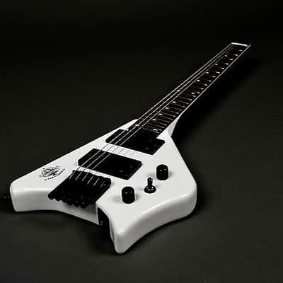 BootLegger Guitar Spade White Headless With Stiletto  Case and Flask image 10