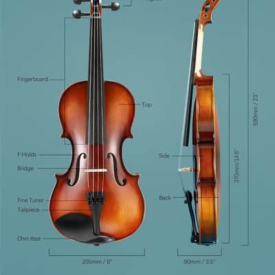 Violin Fiddle Full Set: 4/4 Matt Violin Kit for Beginners, Acoustic Violin with Hard Case, Solidwood Hand Made Starter Kit with Bow, Rosin, Shoulder Rest, Tuner, Extra Strings image 2