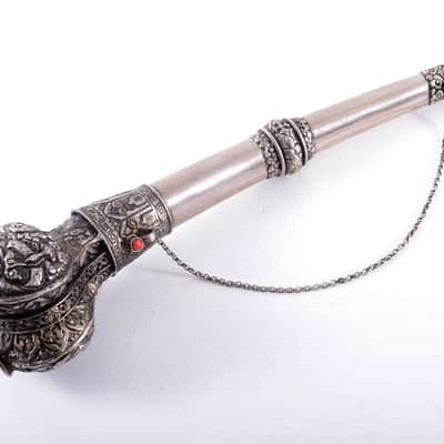 Antique Tibetan Ceremonial Hand Carved Silver Trumpet - Buddhist - Mus. Instrument - Monastery Religious Horn - Artifact - Bone Kangling - Shaman - Nepal image 2