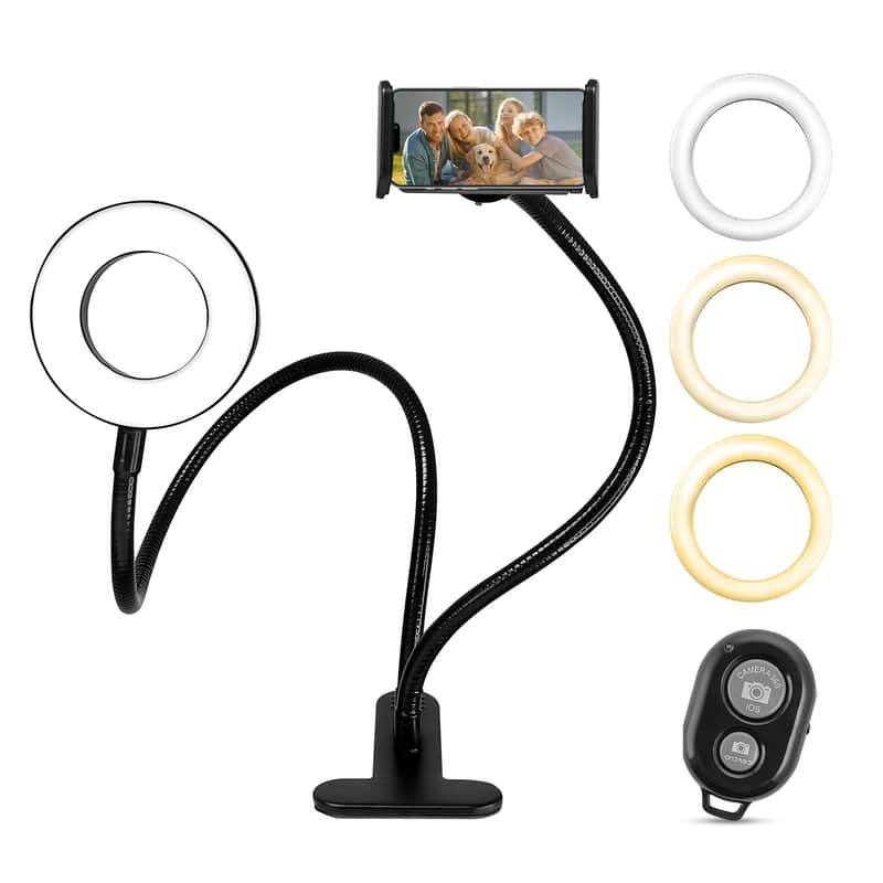 iDance LED Ring Light with Cell Phone Clip Stand Holder, 3.5", Grip Flexible Long Arm Gooseneck Bracket Mount Clamp with Bluetooth Remote Control for Desk, Bed, Compatible with iPhone and Smartphone image 1
