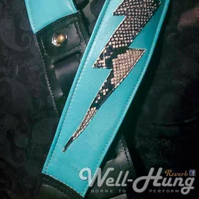 Well-Hung ZAP! "Turquoise" 3" wide padded leather guitar strap, w/python bolt image 3