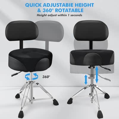 Pro Drum Stool with Backrest, Heavy Duty Hydraulic Drum Throne, Velvet-Covered Ergonomic Memory Foam Drum Seat, Adjustable Drum Chair Anti-Slip Base, Drum Saddle Bench for Drummers (Black) image 3