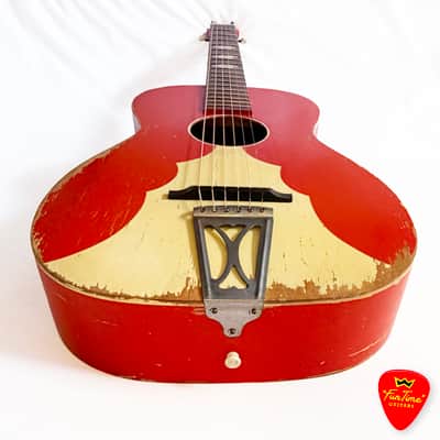 1950s Harmony Stella Sundale H907 Parlor Guitar Jubilee Red & White Acoustic w/ Hardshell Case – “Candy” image 4