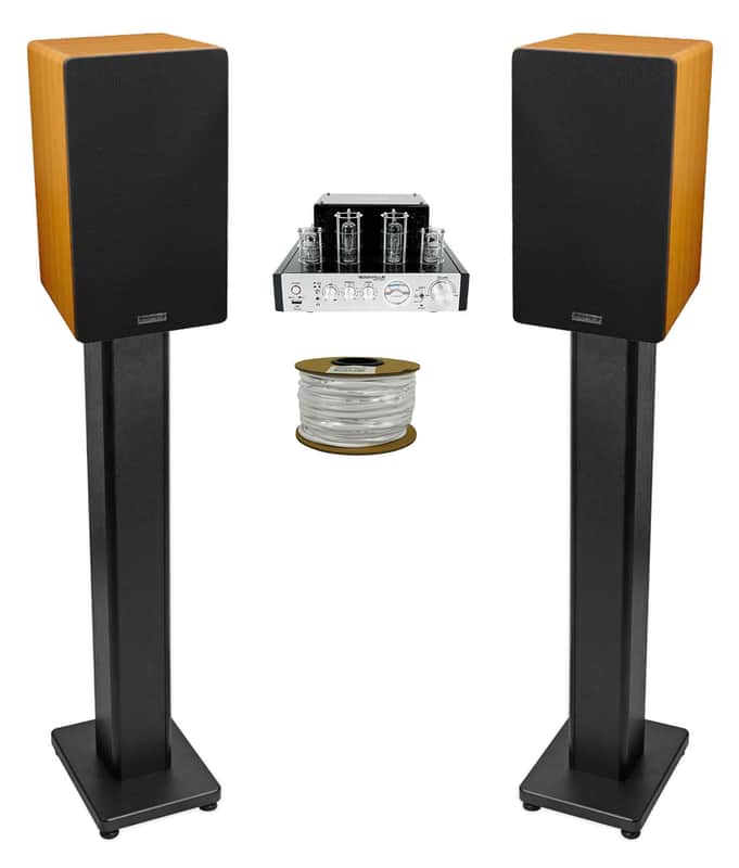 Rockville BluTube Tube Amplifier+6.5" Wood Bookshelf Speakers+36" Wood Stands + Rockville BLUE 14G50 OFC 14 Gauge 50 Foot 100% Copper Speaker Wire image 1