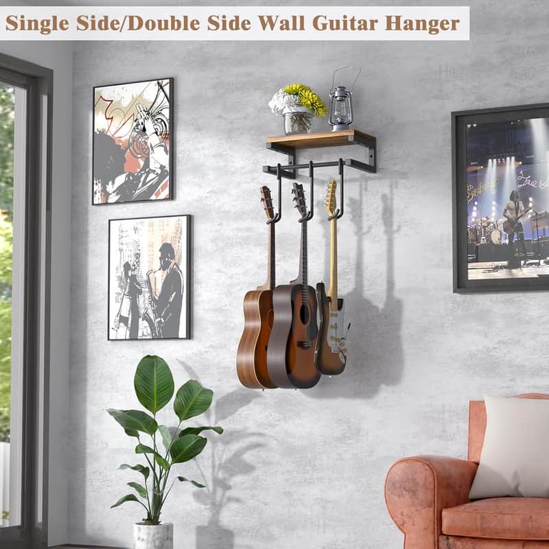 Rustic Guitar Wall Mount Shelf – 3-Guitar Hanger Rack with Detachable Hooks for Acoustic, Electric, Bass & Ukulele image 1
