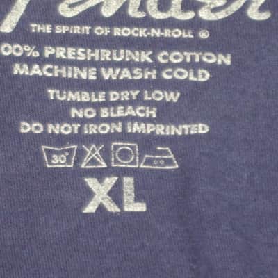 pre-owned / worn genuine Fender - Fender Factory Tour (Corona, California USA) - short sleeve T-Shirt, Men's X-Large (XL) Navy Blue with Creme & Gray Graphic, 100% preshrunk cotton, late 2000s to early - mid 2010s image 7