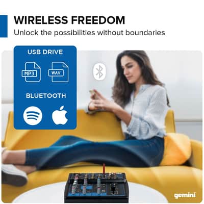 Gemini Sound GEM-05USB - 5-Channel Bluetooth Audio Mixer, USB Playback, Compact DJ Mixer Console with Phantom Power, 2-Band EQ, and FX Control image 2