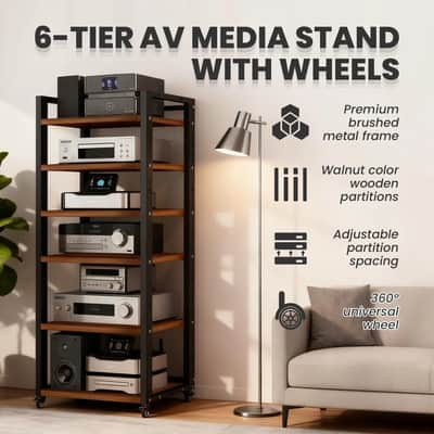 Rolling AV Media Rack with Wheels  6-Tier Adjustable Audio-Video Stand for Turntables, Stereo Gear & Home Media image 2