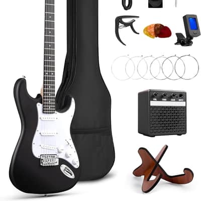 39 Inch Full Size Electric Guitar Kit For Beginners And Adults,SSS Pickup Stratocaster Guitarra Electrica Set Includes Tremolo Bridge,Amp,Strings,Stand,Case Bag, Birthday Holiday Gifts, Black image 1