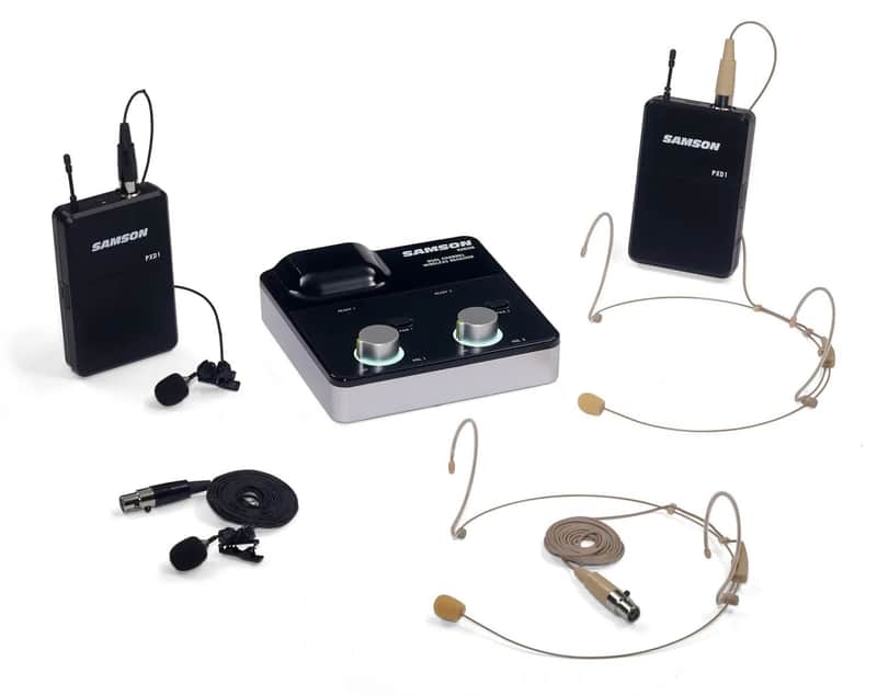 Samson XPD2m 2.4 GHz Dual Channel Wireless Tabletop Receiver System with (2) LM7 Lavalier Mics and (2) DE5 Headset Mics (PXD1 x 2/RXD2M) image 1