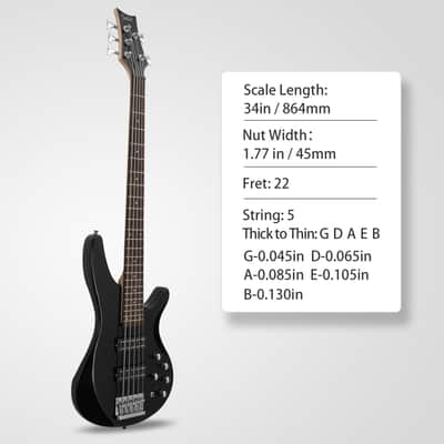 Glarry 44 Inch GIB 5 String H-H Pickup Laurel Wood Fingerboard Electric Bass Guitar with Bag and other Accessories 2020s - Black image 4