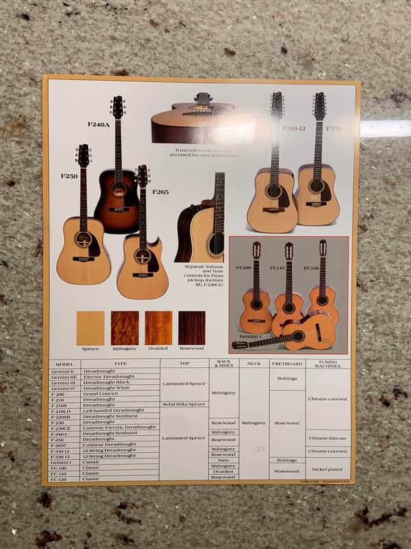Vintage 1990 Fender Acoustic Guitars Spec Flyer! image 1