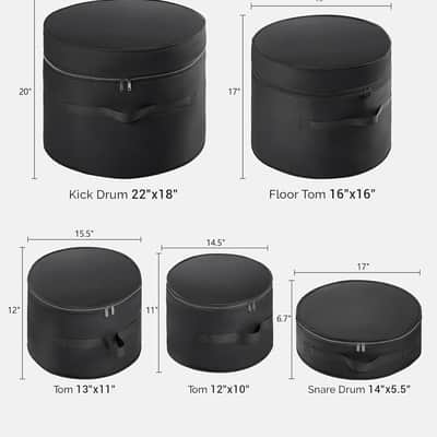 5-Piece Drum Case Set - Padded Drum Bags for 22" Kick, 12"/13"/16" Toms & 14" Snare | Lightweight Protective Covers for Drummers, Gig Transport, and Long-Term Storage image 2