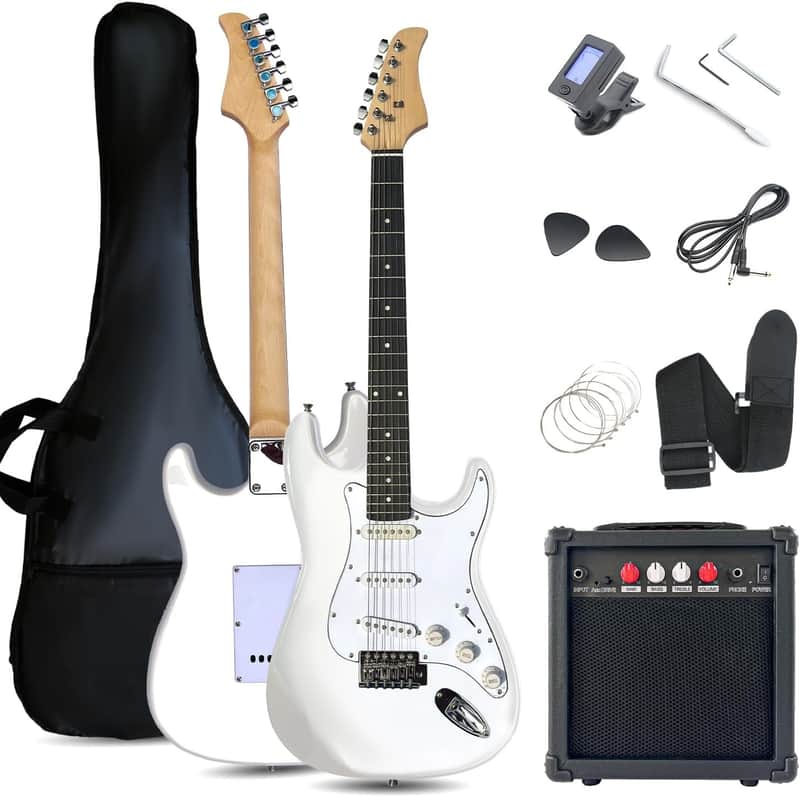 39in Full Size Beginner Electric Guitar Starter Kit w/Case, Strap, 20W Amp, Strings, Pick, Tremolo Bar (White Guitar) image 1