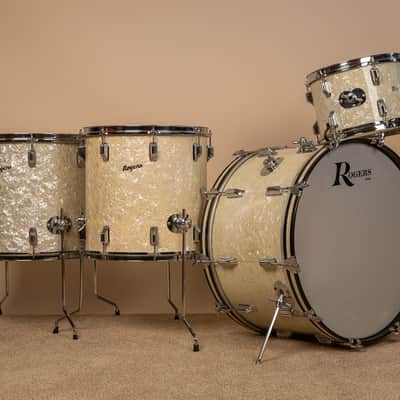Vintage Rogers White Marine Pearl Drum Set 14x24 9x13 16x16 and 16x18 image 1