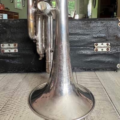 J.W. York & Sons “New Model Monarch” Cornet — c. 1908 — Silver Plate — Serial #18143 — Original Case, Mouthpiece & Maker’s Sash image 15