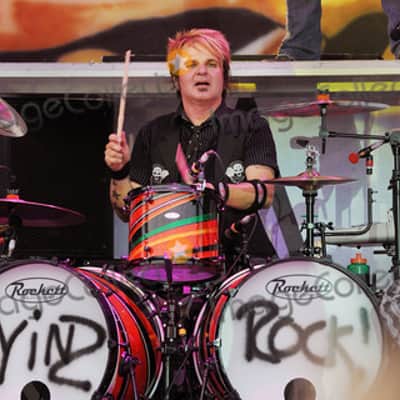 Rikki Rockett's Poison, Rockett Drum Works 2011 Tour Set. Maple/Carbon Fiber 18x22 (x2) 14.5x16, 12.5x14, 9.5x12. MultiColor Stripe Wrap image 2