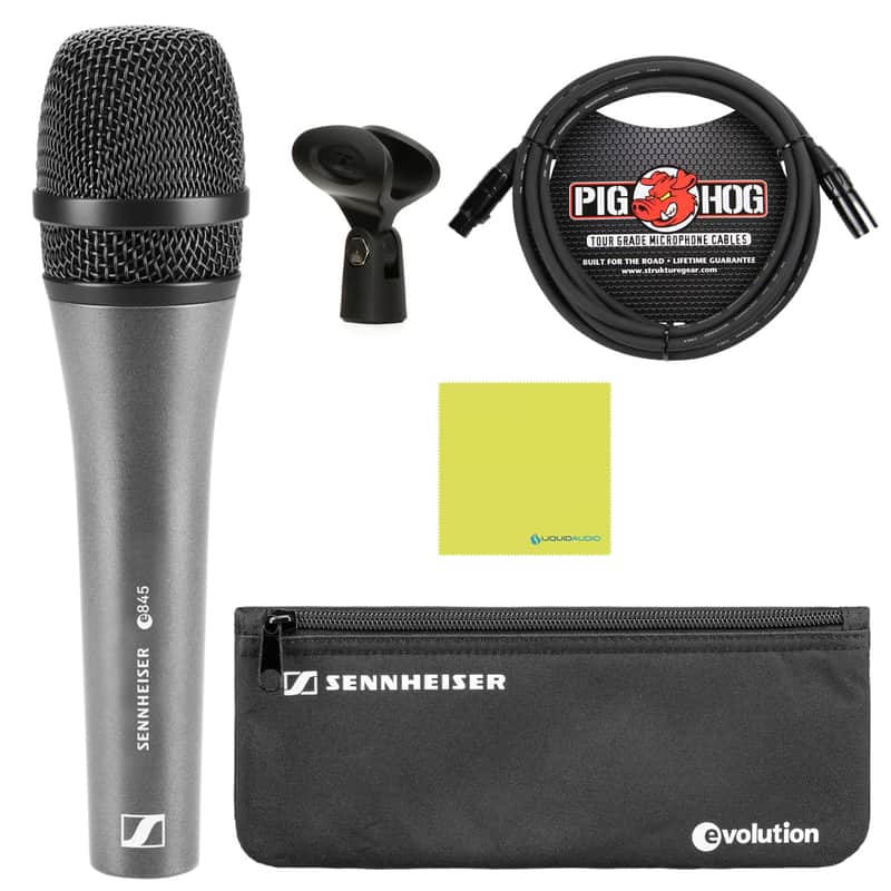 Liquid Audio Sennheiser E 845 Supercardioid Dynamic Vocal Microphone Bundle w/Pig Hog PHM10 8mm Mic Cable Polishing Cloth image 1