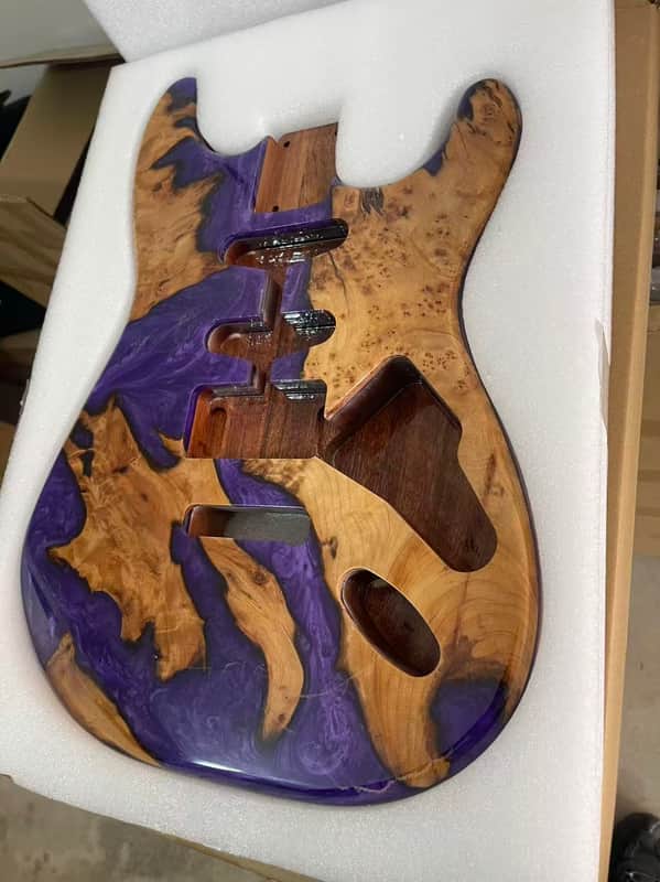 1 Burl Wood & Purple Epoxy Resin Guitar Body Single-Single-Humbucker pickup setup River table style Resin wood resin veneer Mahogany strat Electric guitar body SSH image 1