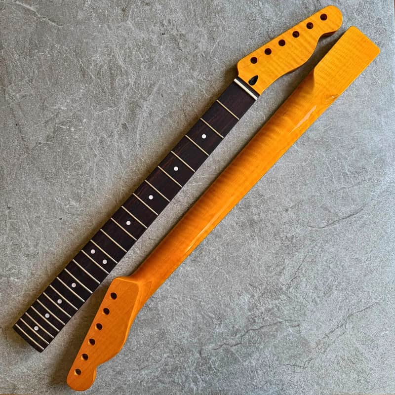 Tele Guitar Neck Yellow Flame Maple 22 Fret Rosewood Fretboard, Gloss Finish, 12" Radius image 1