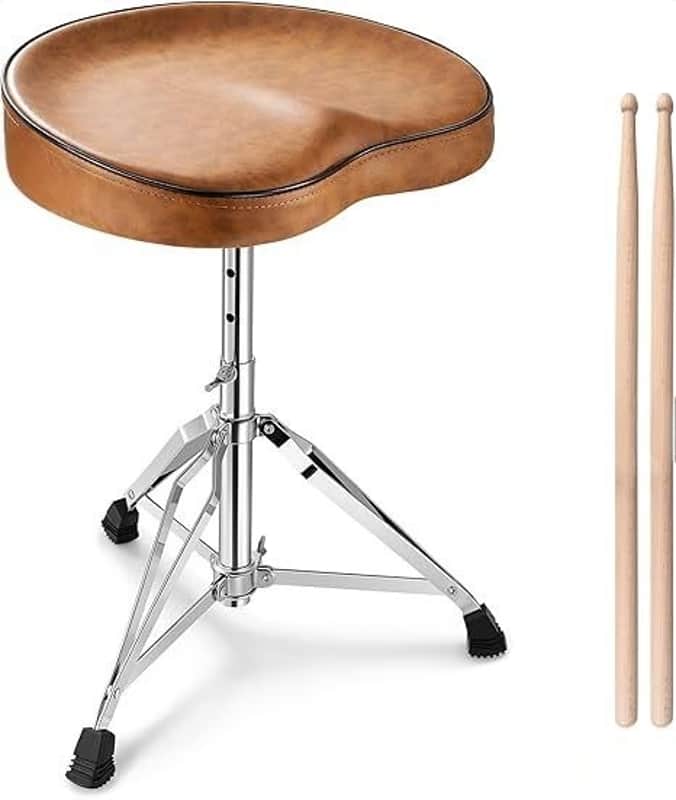 Drum Throne, Height Adjustable Padded Seat Drum Stool for Adults and Kids, 5A Drumsticks Included, with Double Braced Legs Rubber Feet, Brown image 1