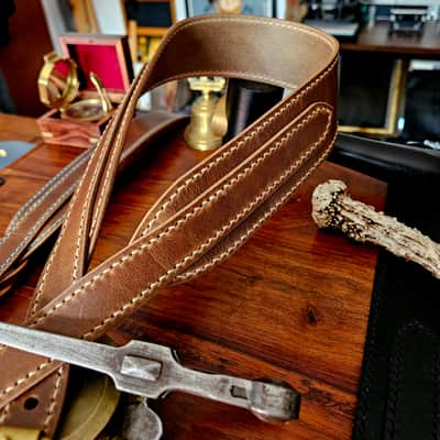 Hand Made, Hand Stitched Guitar strap "Rockatansky" in Taupe & Beige - Vegetable Tanned Leather image 13