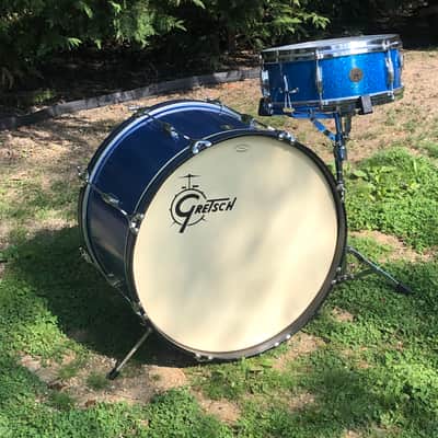 Vintage 1960s Gretsch Round Badge 2-Piece Blue Sparkle Glass Glitter Jazz Drums Virgin Bass Snare USA Jasper Shells 14/22 image 21