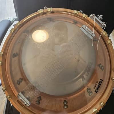 Premier 75th Anniversary Signia 14x5.5" 10-Lug Maple Snare Drum with Wood Hoops, Gold Hardware 1997 - Natural image 4