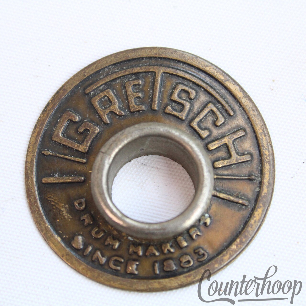 Gretsch Bass Drum Round Badge Vintage 50s-60s 1/2"Grommet Brass RB USA Label Tag — main photograph