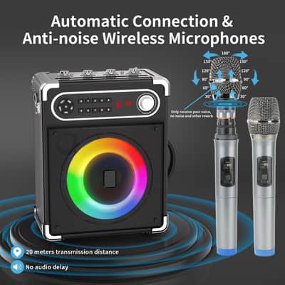 Karaoke Machine with 4 Wireless Microphones, Portable Bluetooth 5.1 Speaker for Adults Kids with LED Lights, Bass/Treble Adjustment, PA System with Remote Control, Supports FM/AUX/USB/TF for Party image 2