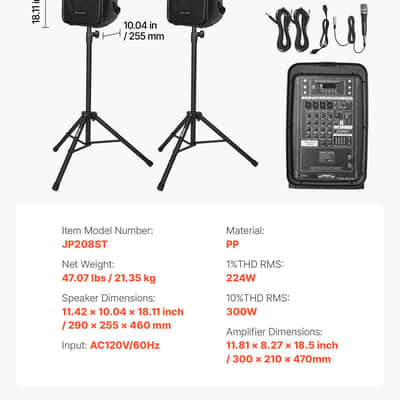 Vevor 2 X 8 in Speakers Portable PA System 300W Mixer Bluetooth Mic for DJ Party image 6
