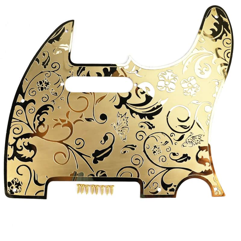 Stainless Steel Pickguard Scratch Plate 8 Holes SS Single-Coil Pickups Metal Engraving Electric Guitar Pickguard Compatible with USA/Mexican Telecaster Tele Modern Style Guitar Parts(Gold) image 1