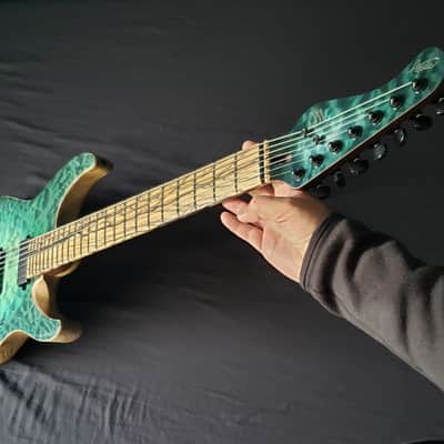 Mayones Aquila Elite S7 26.5" Reverse Headstock 4A QM top, Pale Moon Ebony Fretboard 16", Luminlay Offset Dot Inlays, Black Limba body, Wenge neck, Velvetrone Pickups image 6