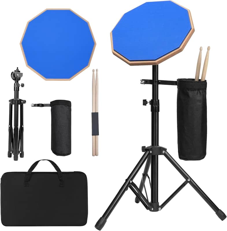 12 Inch Practice Drum Pad with Stand and Sticks, Beginner Snare Drum Pad with Drumsticks and Carrying Bag, Double Sided Silent Drum Pad (Blue) image 1